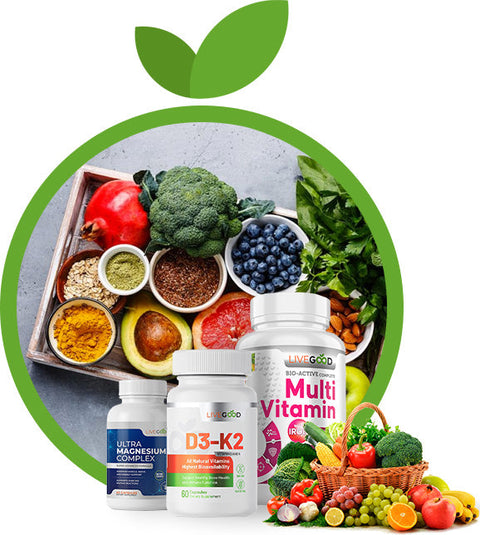 “LiveGood supplementen met verse groenten en fruit – Ultra Magnesium Complex, D3-K2 en Multi Vitamin naast een schotel met gezonde voeding
