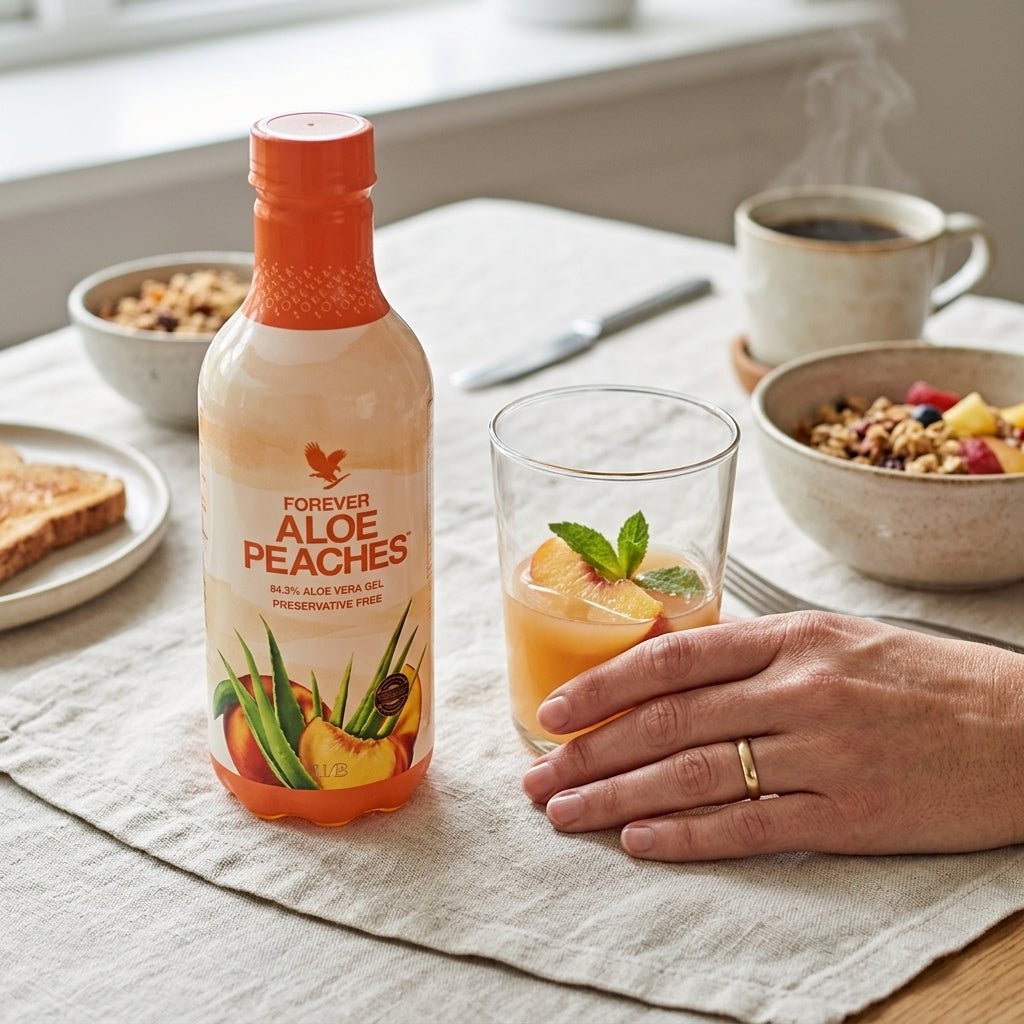 Forever Aloe Peaches daily support for well-being and balance