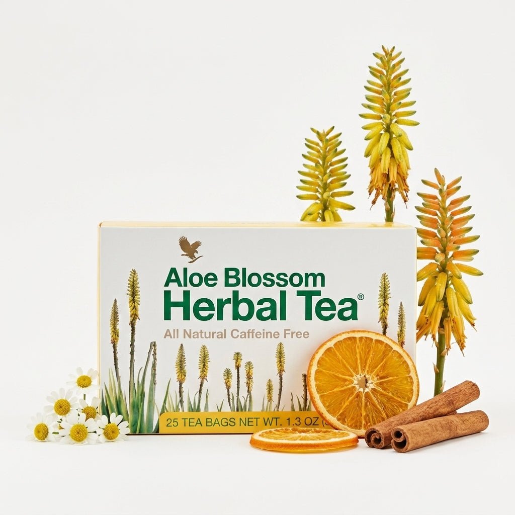 Forever Aloe Blossom Herbal Tea Infusión de hierbas tibia para cualquier momento del día.
