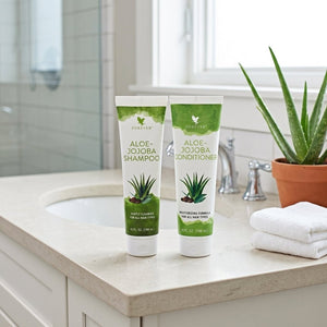 Forever Living Aloe-Jojoba Shampoo e balsamo con aloe vera per idratazione e cura