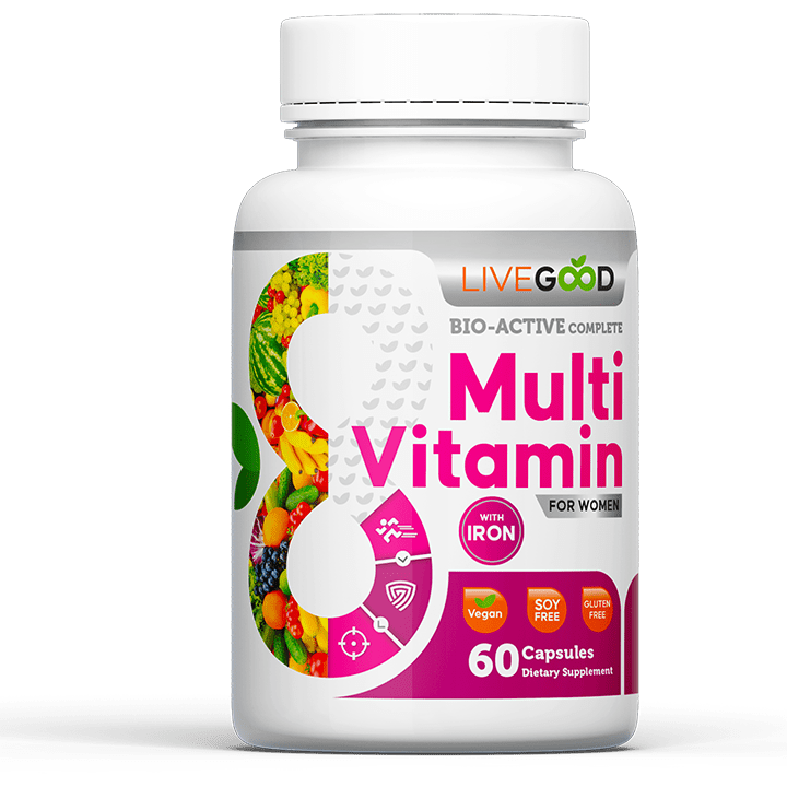 LiveGood Multivitaminico per donne con 24 vitamine, minerali e ferro di alta qualità per l'energia, il sistema immunitario e l'equilibrio ormonale.