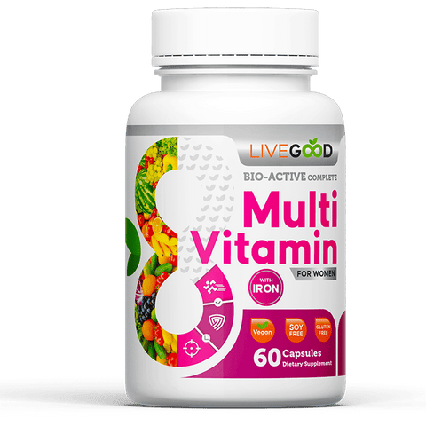 LiveGood Multivitaminico per donne con 24 vitamine, minerali e ferro di alta qualità per l'energia, il sistema immunitario e l'equilibrio ormonale.