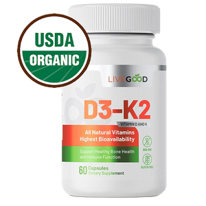 Supplément de vitamine D3 + K2 de LiveGood avec 2000 UI de D3 pour la santé du système immunitaire, des os et du cœur.