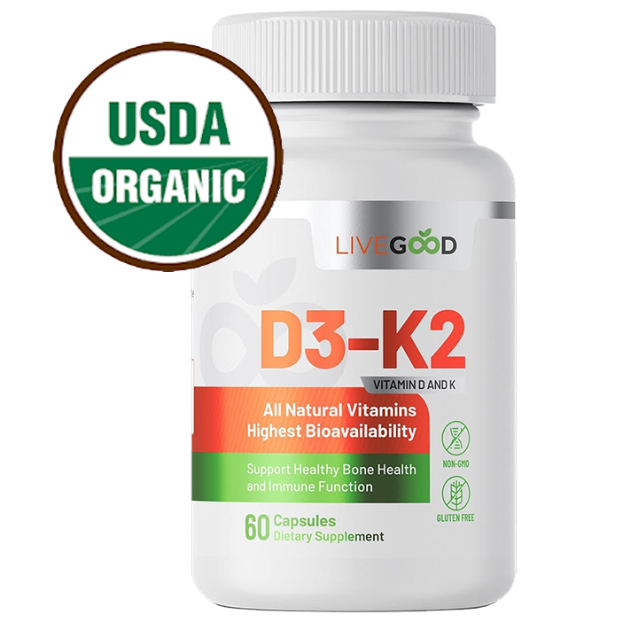 Supplément de vitamine D3 + K2 de LiveGood avec 2000 UI de D3 pour la santé du système immunitaire, des os et du cœur.