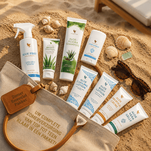 Summer Essentials Package from 4everaloevera with Forever Living products for the summer, including Aloe First, Aloe Vera Gelly, Propolis Cream, Aloe Cooling Lotion, Aloe Body Lotion, Bright Toothgel and Aloe-Jojoba Shampoo on a sunny beach.