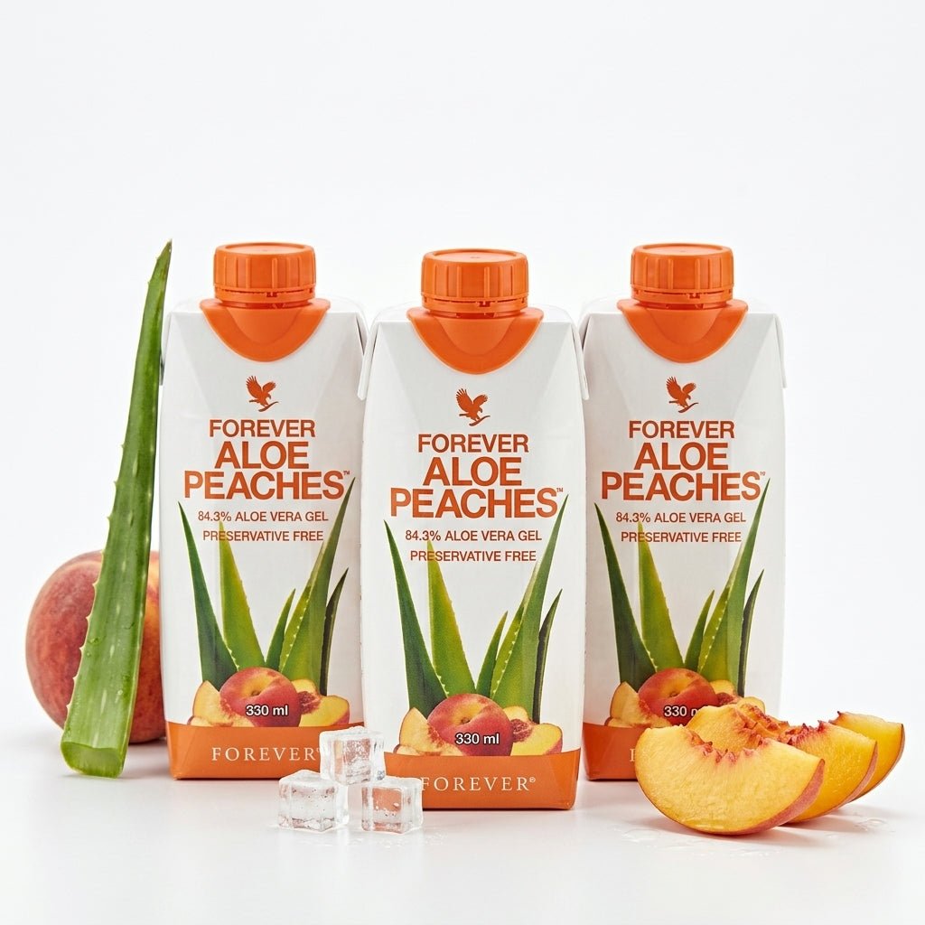 Forever Aloe Peaches Mini pack económico de 330 ml con tres botellas.