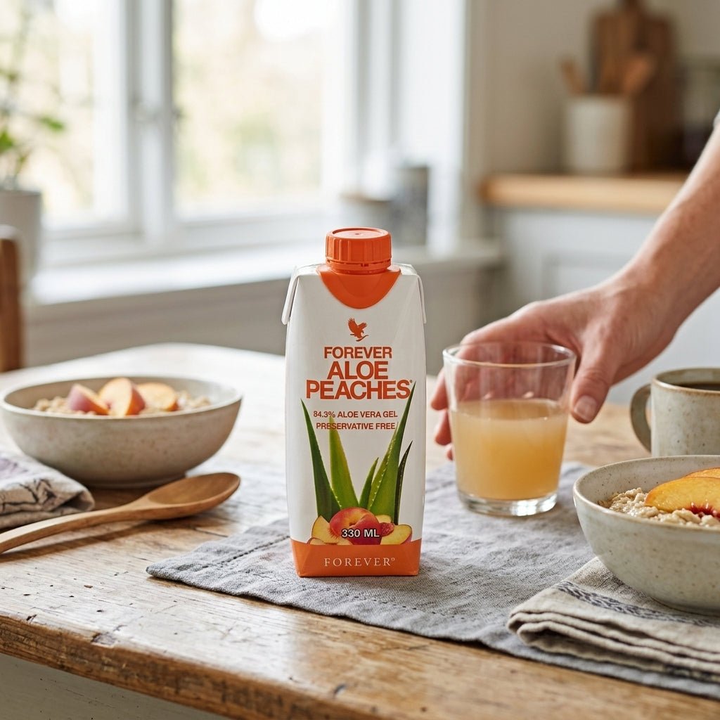 Forever Aloe Peaches Mini 330 ml para un estilo de vida activo y en movimiento