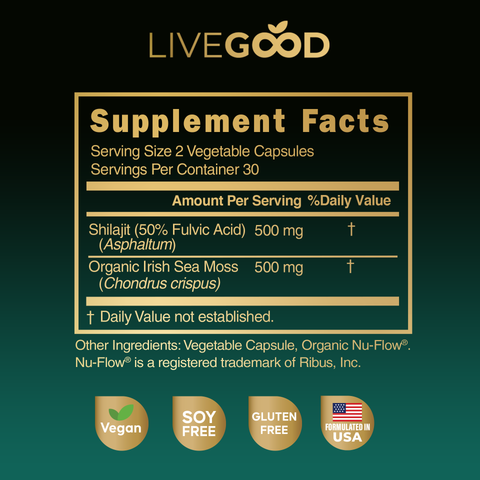 LiveGood Himalaya Shilajit + Zeemos supplement met fulvinezuur, jodium en mineralen voor hormonale balans, vruchtbaarheid, detox, hart- en darmgezondheid.