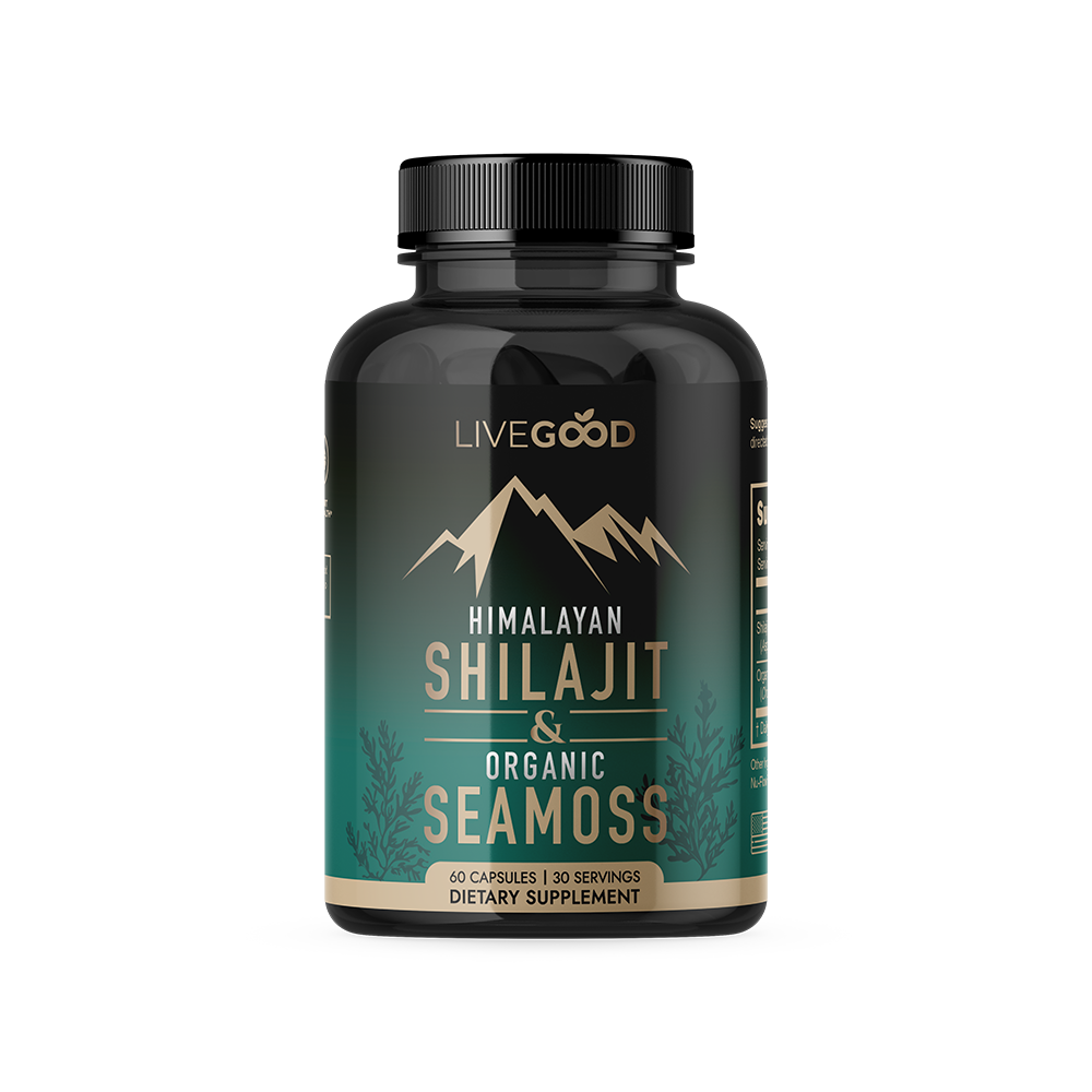 LiveGood Shilajit + Sea Moss capsules for energy, hormone balance and full body support.
