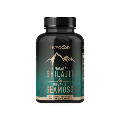 LiveGood Shilajit + Zeemos capsules voor energie, hormoonbalans en volledige lichaamsondersteuning.
