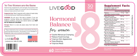 Hormonal Balance supplement met plantaardige extracten ter verlichting van opgeblazen gevoel, krampen, voedseltrek en hormonale stress.