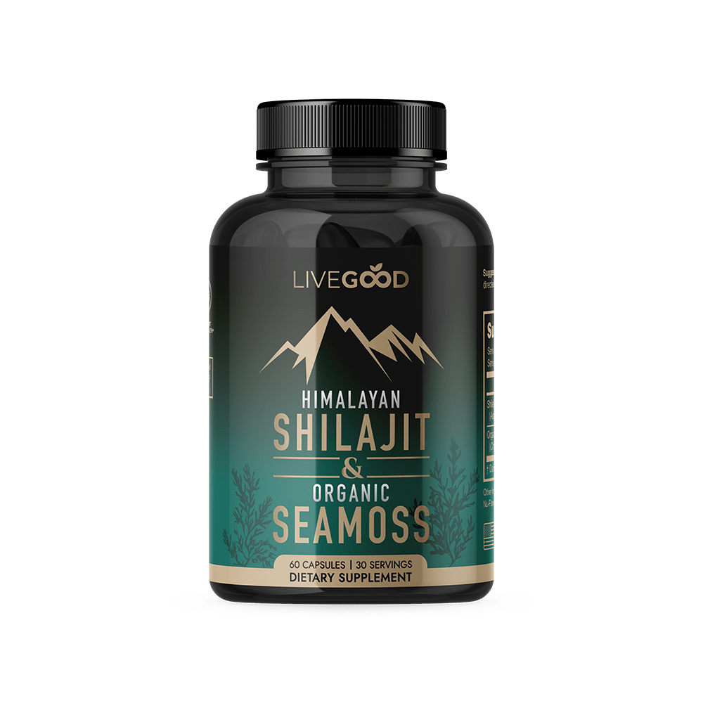 LiveGood Capsules Shilajit + Sea Moss pour l’énergie, l’équilibre hormonal et le soutien complet du corps.