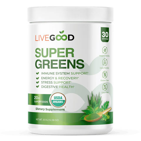 LiveGood Organic Super Greens – supercibi biologici per energia, digestione e supporto immunitario.