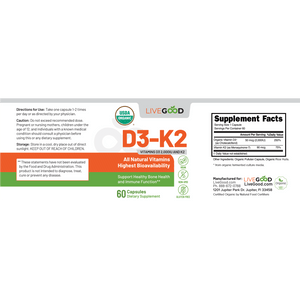 Vitamina D3 + K2 Orgánica de LiveGood para una absorción óptima, huesos fuertes, sistema inmunológico, equilibrio energético y apoyo cardiovascular.