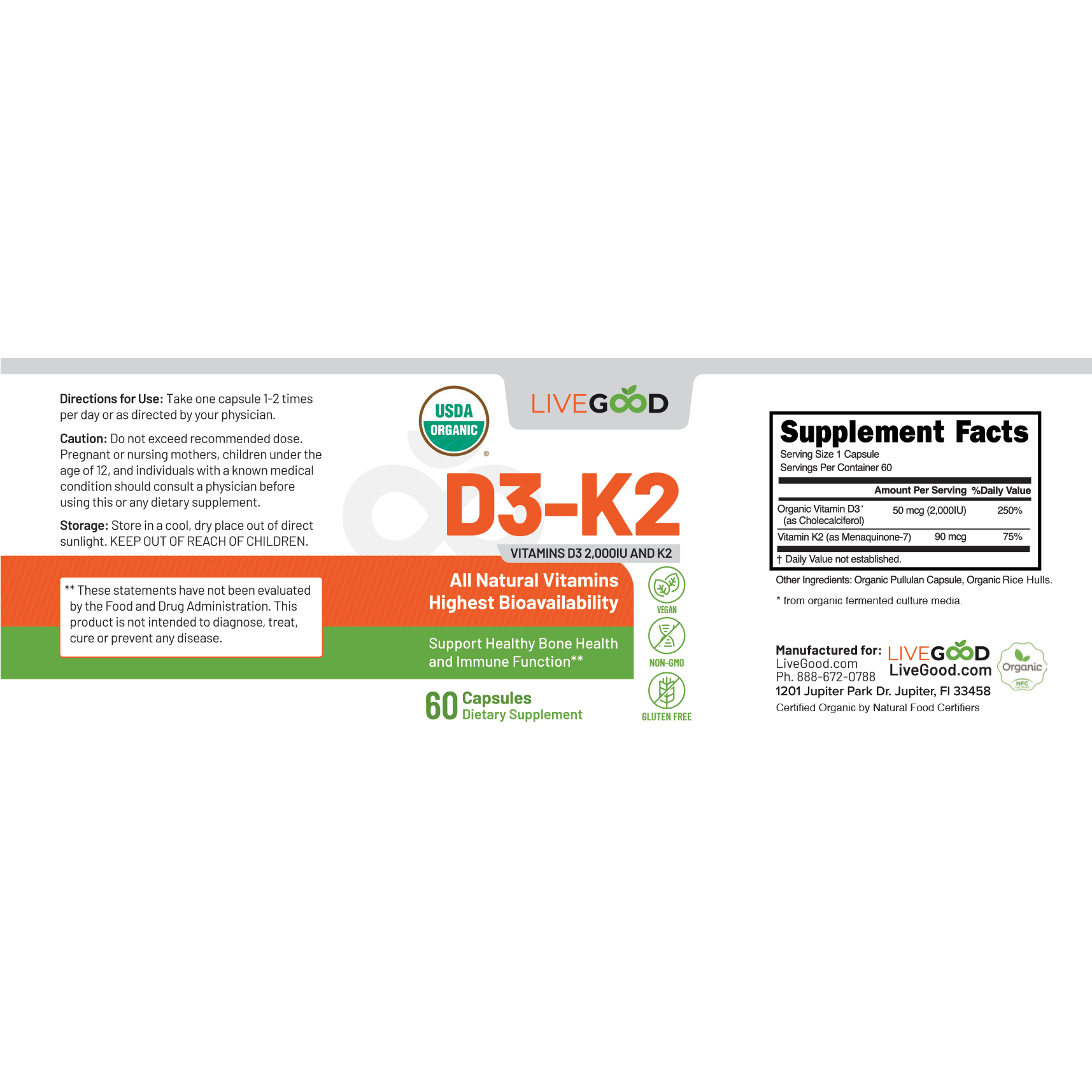 Vitamina D3 + K2 Orgánica de LiveGood para una absorción óptima, huesos fuertes, sistema inmunológico, equilibrio energético y apoyo cardiovascular.