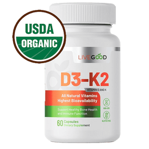 Suplemento de vitamina D3 + K2 de LiveGood con 2000 UI D3 para la salud del sistema inmunológico, los huesos y el corazón.