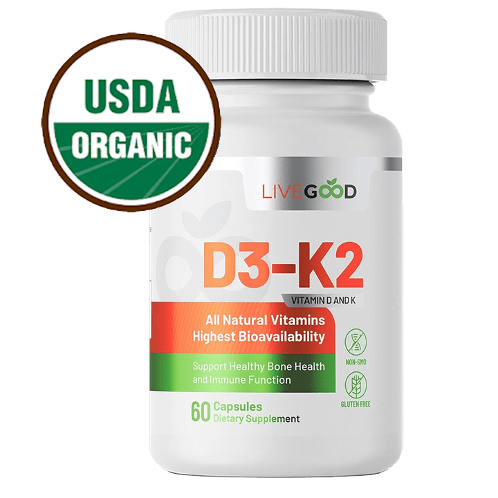 Suplemento de vitamina D3 + K2 de LiveGood con 2000 UI D3 para la salud del sistema inmunológico, los huesos y el corazón.
