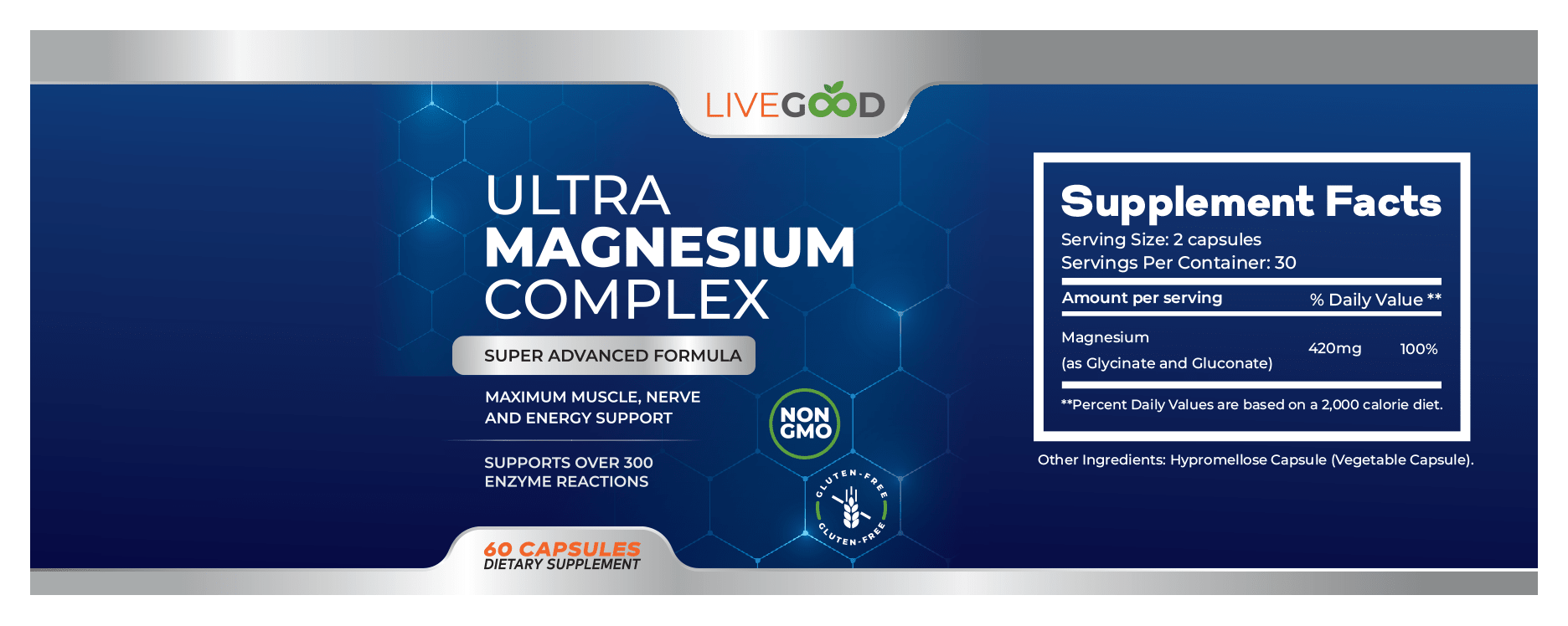 Complesso Ultra Magnesio Premium di LiveGood con forme di magnesio facilmente assorbibili per supportare il cuore, i muscoli, la funzione nervosa, il sonno e l'equilibrio energetico.