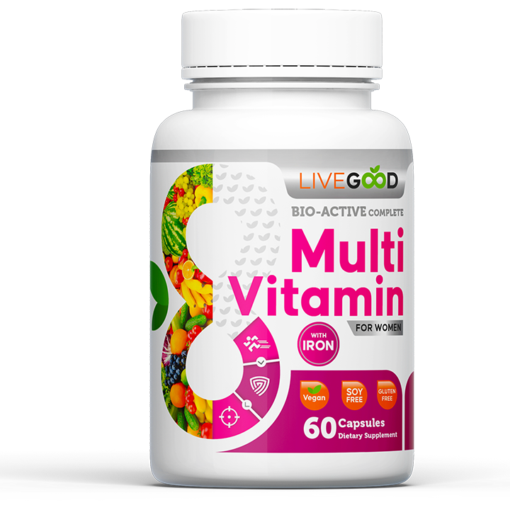 LiveGood Multivitamin for women with 24 vitamins, minerals and high-quality iron for energy, the immune system and hormonal balance.