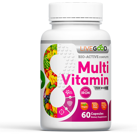 LiveGood Multivitamine voor vrouwen met 24 vitaminen, mineralen en hoogwaardig ijzer voor energie, immuunsysteem en hormonale balans.