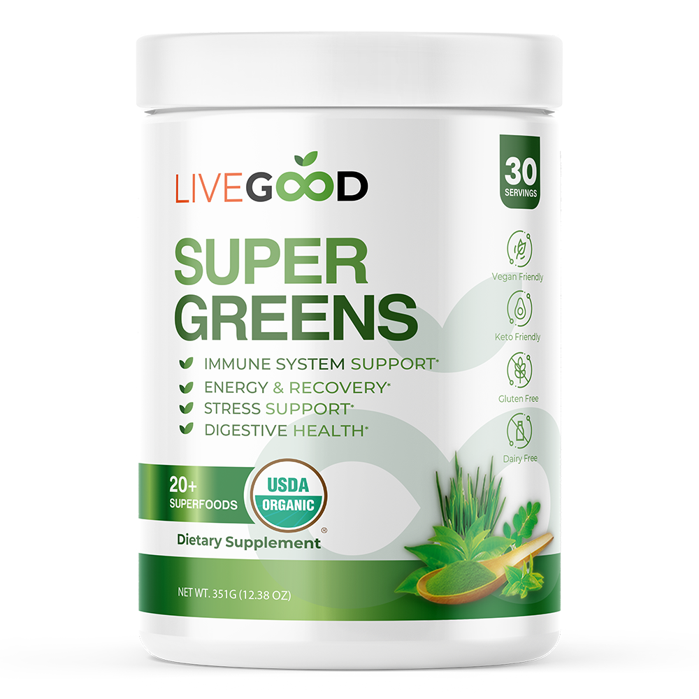LiveGood Organic Super Greens – biologische Superfoods für Energie, Verdauung und Immununterstützung.