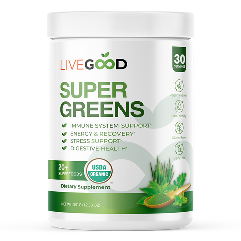 LiveGood Organic Super Greens – biologische superfoods voor energie, spijsvertering en immuunondersteuning.