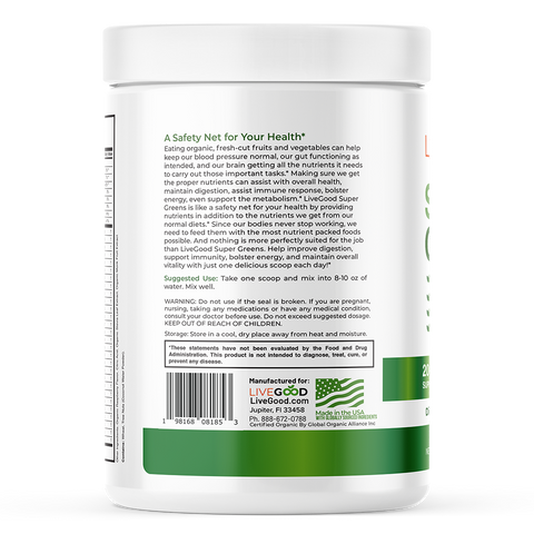 LiveGood Super Greens supplement met organische groente- en superfoodmix voor dagelijkse vitaliteit, betere darmgezondheid, immuunsysteem en natuurlijke energie.
