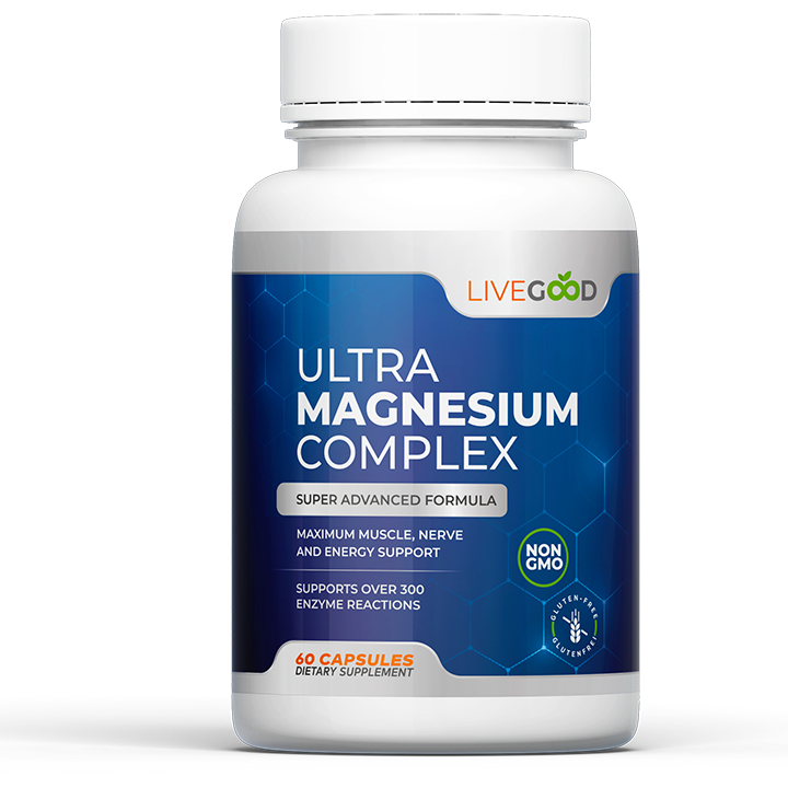 LiveGood Ultra Magnesium Complex avec du glycinate de magnésium et du gluconate pour les muscles, les nerfs, le sommeil et la réduction du stress.