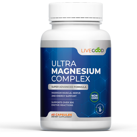 LiveGood Ultra Magnesium Complex met magnesiumglycinaat en gluconaat voor spieren, zenuwen, slaap en stressreductie.