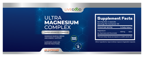 Premium Ultra Magnesium Complex van LiveGood met goed opneembare magnesiumvormen ter ondersteuning van hart, spieren, zenuwfunctie, slaap en energiebalans.